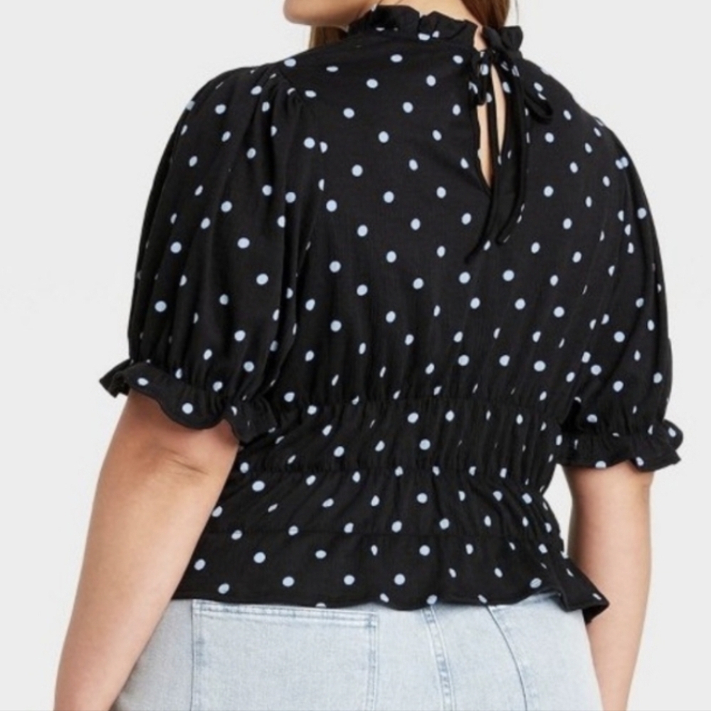 Who What Wear Blouse Black Size Large Polka Dot Puff Sleeve Smocked Casual - Picture 11 of 11